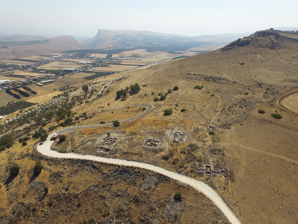 Aerial View of Kh. el-‘Eika, Looking East. In the Background: the Arbel Valley and the Sea of Galilee (Photo: DPS Images).