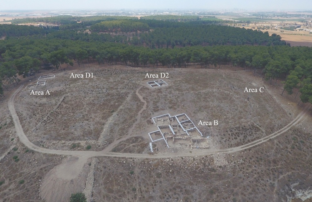 aerial photo of Khirbet el Rai and location of excavation areas (photo: Emil Elgam)