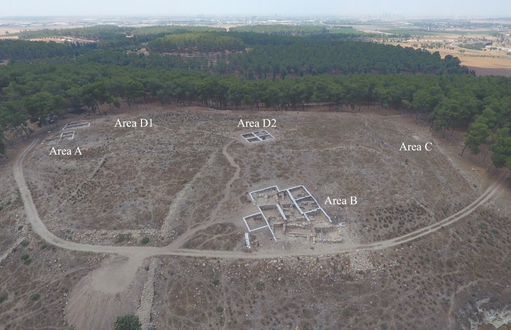 aerial photo of Khirbet el Rai and location of excavation areas (photo: Emil Elgam)